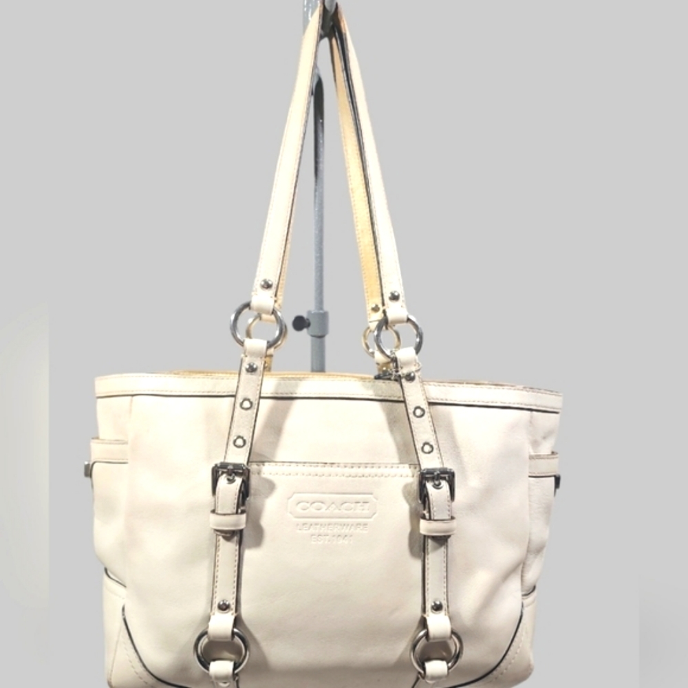 Coach F12343 Beige And Gold Leather Shoulder Tote  Bag